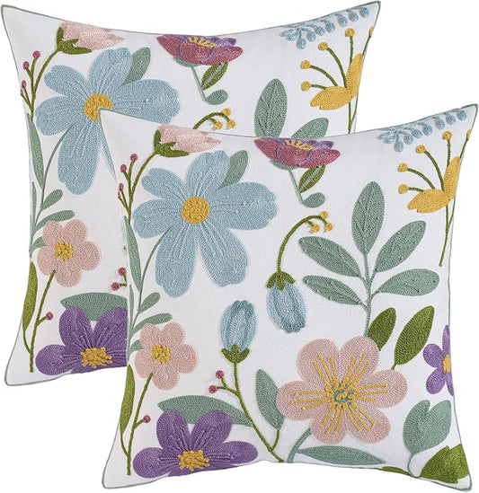 Embroidered Throw Pillow Covers 18x18 Pack of 2 Multicolored Flowers Pillow Covers Farmhouse Pillow Cushion Case Summer Decorative Farm Pillowcases Square Rustic Floral Pillow Case