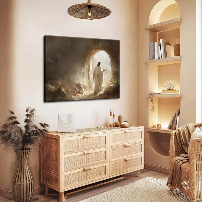 Easter Jesus Leaves the Tomb Canvas Wall Art, Christian Resurrection Savior Wall Decor Paintings, Religion Bible Pictures Posters Prints for Church Prayer Room Living Room 12x16 Inch Framed