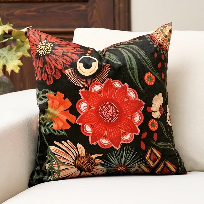 Tyrot Black Red Boho Floral Velvet Throw Pillow Covers 18x18 Inch Set of 2 Vintage Farmhouse Cushion Covers Mid Century Botanical Home Decor Pillow Cases for Couch Bed Sofa Living Room, Bedroom