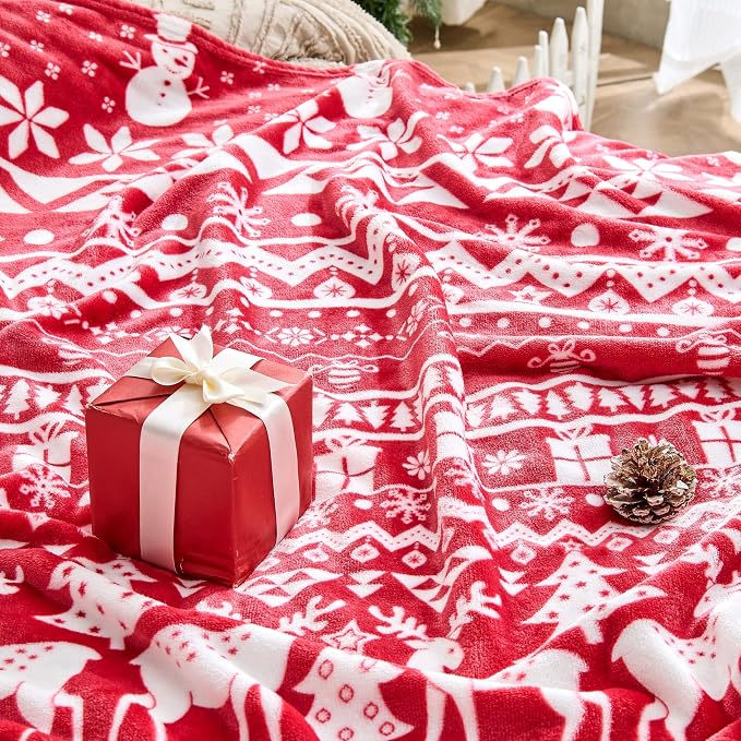 Edenleaf Christmas Blanket Soft Cozy Fleece Throws with Snowman Snowflake Reindeer and Xmas Trees Print, Fuzzy Warm Christmas Throw Blanket for Couch Bed Holiday Decorations Gifts 60"x80" (Red)
