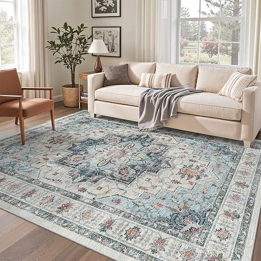 Madane 5x7 Area Rugs for Living Room, Non-Slip Washable Rug, Blue | Ultra-Thin Stain Resistant Vintage Large 5'X7' Carpet, Soft Low Pile Floor Mat For Bedroom Dining Room Office Home Decor