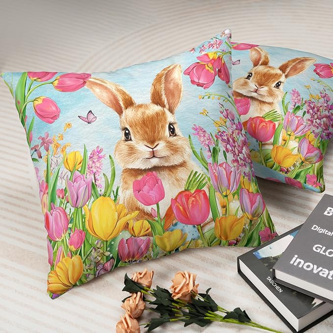 Easter Bunny Pillow Covers 22x22 Set of 2 Lovely Rabbit with Tulip Throw Pillow Covers Spring Pillow Case Floral Cotton Blend Cushion Case for Easter Decor Sofa Patio Garden
