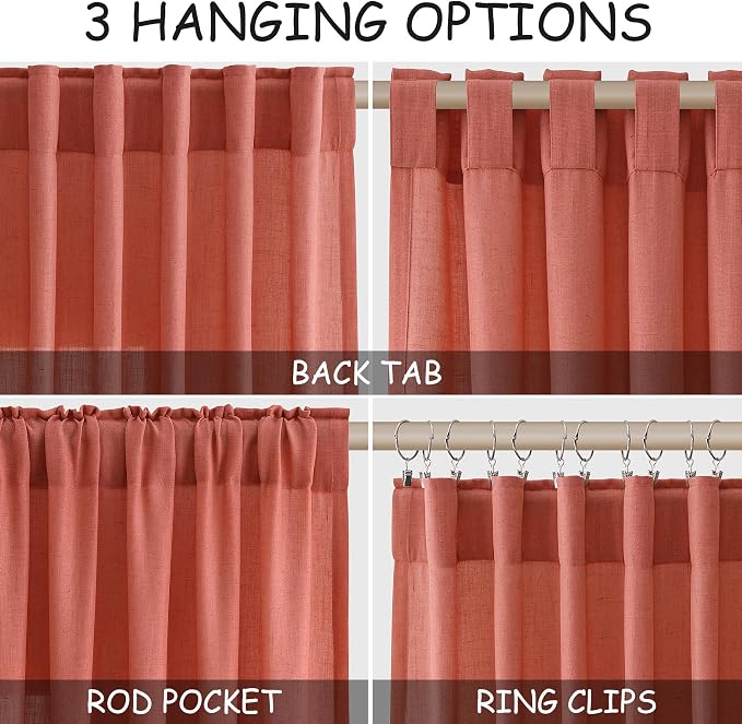 Coral Linen Curtains 108 Inches Long 2 Panels Set Back Tab Loop Pocket Light Filtering Semi Sheer Boho Large Window Decor Extra Long Drapes for High Ceiling Living Room 52x108