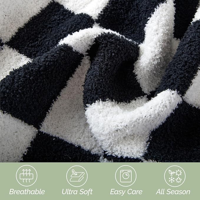 Elegant Comfort Premium Checkered Reversible Throw Blanket - Ultra Soft and Lightweight, Luxury Knitted Breathable Fleece for Couch, Bed, Sofa - Warm Velvet Fluffy Throw, 50 x 70 Inch, Black