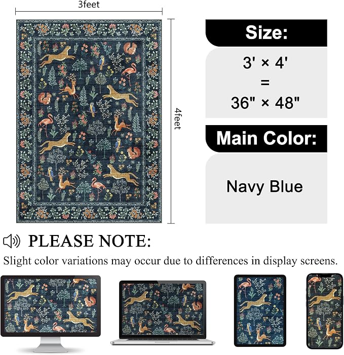 DUKINO 3x4 Rug, Washable Animal Area Rug for Entryway Non Slip, Navy Blue | Soft, Low Pile, Stain Resistant Indoor Carpet Runner for Entryway, Kitchen, Bedroom, Bathroom, Pet Friendly, Home Decor