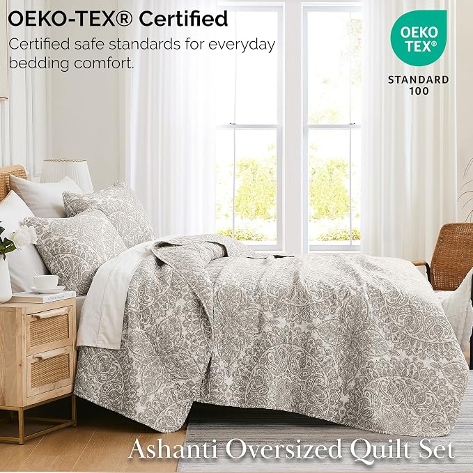 Southshore Fine Living, Inc. Ashanti Collection Oversized Queen Quilt Bedding Set, Prewash Fabric, Soft Coverlet 3-Piece with Two Matching Pillow Shams (98 in Wide x 98 in Long), Full/Queen, Bone