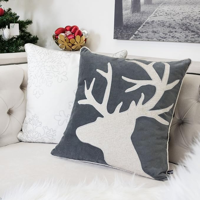 Applique Gray Velvet Throw Pillow Cover, Merry Christmas Series Reindeer Horn Luxury Soft Fuzzy Cozy Warm Slik Decorative Gift Square Couch Cushion Pillow Case 20 x 20 Inch, Cover Only
