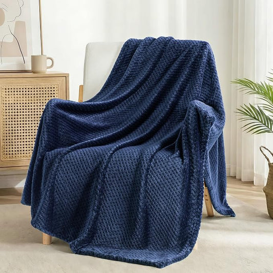 Exclusivo Mezcla Large Waffle Fleece Throw Blanket for Couch, Navy | Lightweight Soft Blanket for Sofa, Bed, Living Room, Plush Fluffy Throw for Home Decor, Travel, All Season, 50x70 Inches