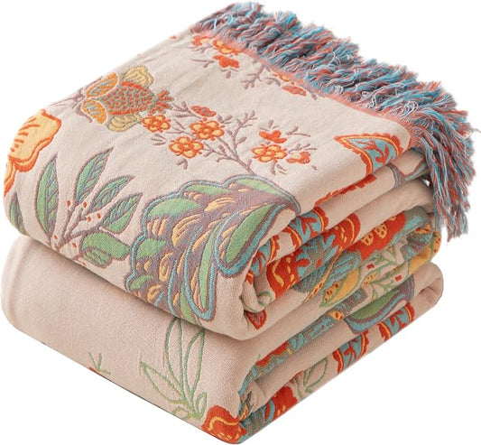 Phuryllic Boho Throw Blanket Twin Size, Soft Cozy Cotton Muslin Quilt Blanket for Bed Decor, Floral Patterned Couch Sofa Chair Cover, Vintage Farmhouse Cottage Tapestry Woven Blanket, Coral&Green