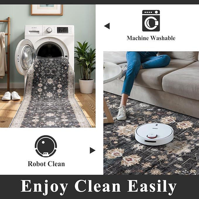 3x20 Washable Hallway Runner Rug - Non-Slip Kitchen Rugs with Rubber Backing Vintage Low Pile Soft Thin Extra Long 20ft Carpet Runners for Indoor Entryway Living Room(Black/Multi,3x20)