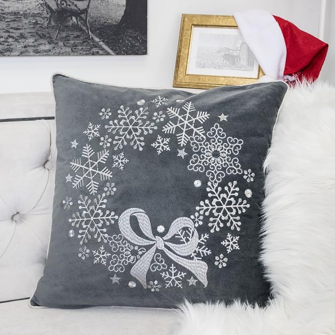 Embroidery Gray Velvet Throw Pillow Cover, Merry Christmas Series Snowflake Floral Wreath Luxury Soft Fuzzy Cozy Warm Slik Gift Square Couch Cushion Pillow Case 20 x 20 Inch, Cover Only