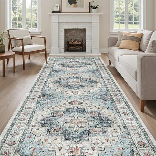 Madane 4x12 Wide Hallway Runner Rug Washable for Living Room, Blue | Soft Stain Resistant Ktichen Runners 12ft, Vintage Non Slip Low Pile Area Rugs, Thin Floor Carpet for Bathroom Dining Bedroom
