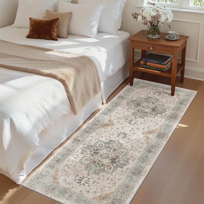 Madane Hallway Runner Rug 2x5 Washable Entry Rugs Soft, Light Taupe Brown | Vintage Printed Low-Pile Kitchen Runners, Non-Slip Low-Pile Stain-Resistant Throw Carpet for Bedroom Entrance Laundry Room