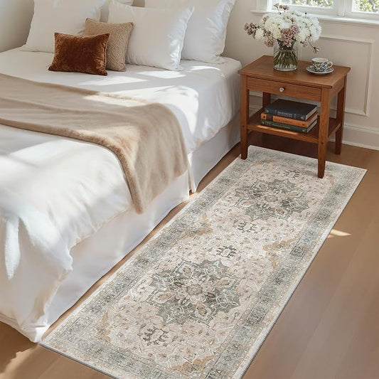 Madane Hallway Runner Rug 2x5 Washable Entry Rugs Soft, Light Taupe Brown | Vintage Printed Low-Pile Kitchen Runners, Non-Slip Low-Pile Stain-Resistant Throw Carpet for Bedroom Entrance Laundry Room