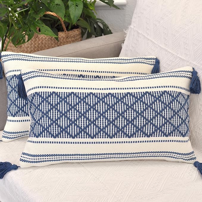 Decorative Boho Lumbar Pillow Covers with Tassels Navy Blue Off White, 12x20 inch -Set of 2 / Small Rectangle Cushion Covers for Couch Sofa/ Farmhouse Woven Pillow Cases/ Accent Chair Pillow Covers