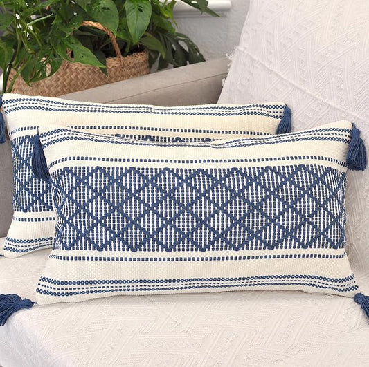 Decorative Boho Lumbar Pillow Covers with Tassels Navy Blue Off White, 12x20 inch -Set of 2 / Small Rectangle Cushion Covers for Couch Sofa/ Farmhouse Woven Pillow Cases/ Accent Chair Pillow Covers