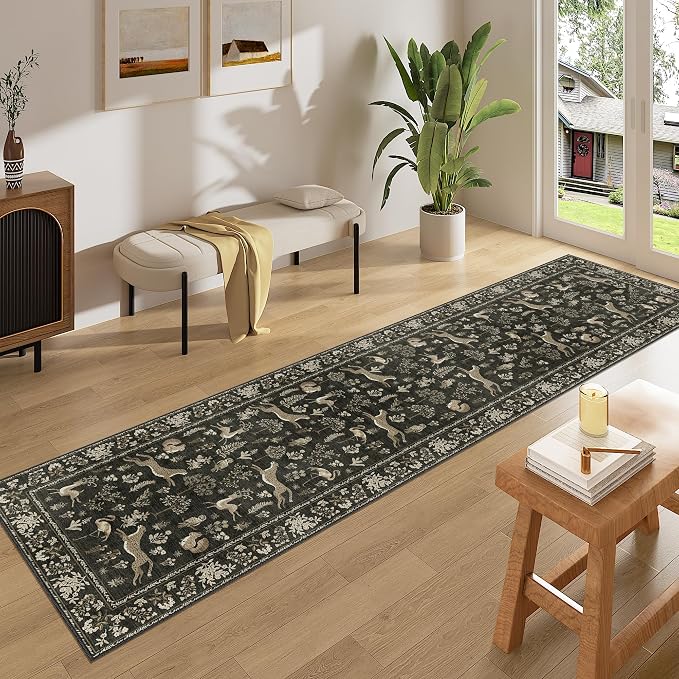 DUKINO 2x8 Washable Runner Rug, Non Slip Animal Kitchen Rug, Charcoal Black | Soft, Low Pile, Non-Shedding Indoor Carpet Runner for Hallway, Entryway, Bedroom, Bathroom, Pet Friendly, Stain Resistant