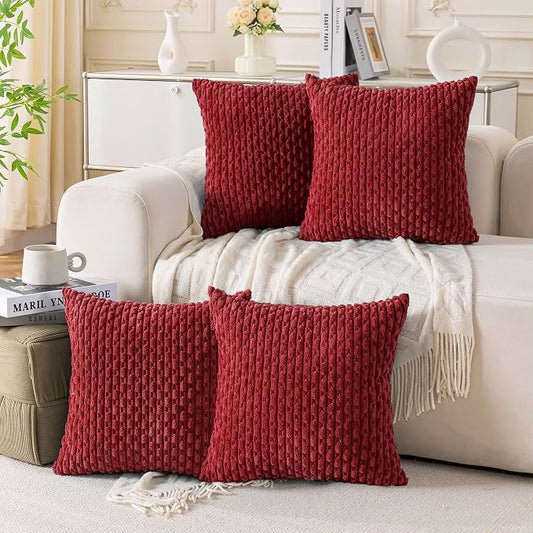 Set of 4 Burgundy Decorative Throw Pillow Covers 18x18 Inch Corduroy Pillow Covers for Bed Couch Sofa Living Room Soft Square Cushion Cases