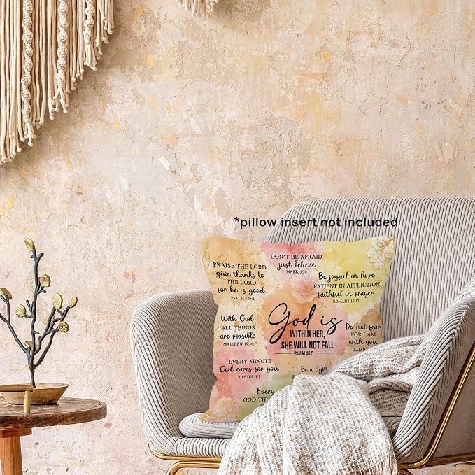 Christian Floral Throw Pillow Cover 18x18, Bible Verse Decor Pillow Cases for Women, God Is Within Her She Will Not Fall Motivational Decorative Square Pillowcases for Home Living Room Bedroom