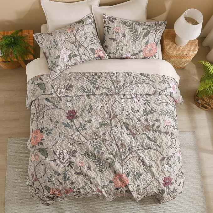 Litanika Floral Oatmeal Quilt Queen - 3Pcs Botanical Birds Bedding Set | Bedspread Summer Lightweight Soft Coverlet with Orange Flower for All Seasons (96"x90")