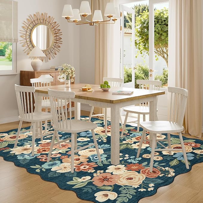 DUKINO 6x9 Area Rugs Floral Washable Living Room Rug Non Slip Prussian Blue | Low Pile, Stain Resistant, Soft Indoor Large Rugs for Bedroom, Dining Room, Kids Playroom, Nursery, Pet Friendly, Home Decor