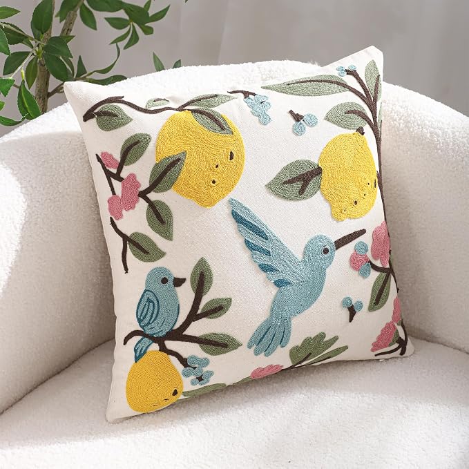 Lemon Embroidered Throw Pillow Covers 18x18 Pack of 2 Blue Birds with Green Leaves Pillow Covers Floral Pillowcases Boho Pillow Cushion Cases Flower Pillow Case Summer Decor