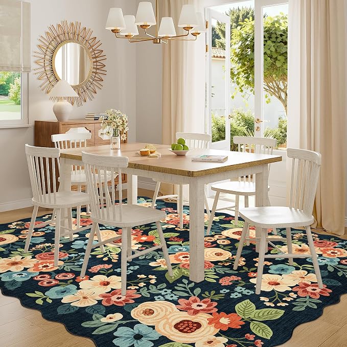 DUKINO 8x10 Area Rug for Living Room, Soft Floral Washable Rug, Navy Blue | Soft, Low Pile, Stain Resistant Throw Large Rug for Bedroom, Dining Room, Nursery, Kids Playroom, Pet Friendly, Home Decor