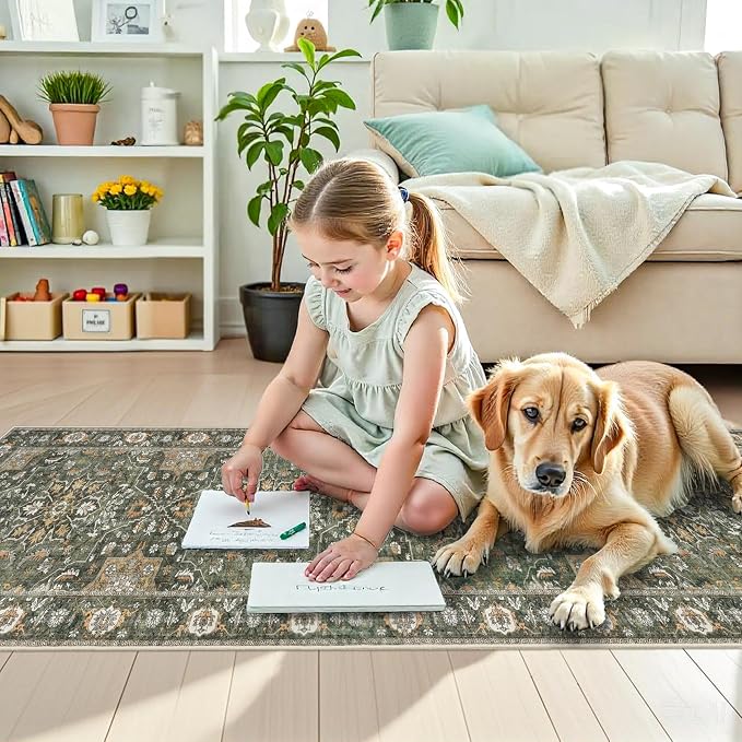Hallway Washable 2x10 Runner Rug - Kitchen Rugs Non Slip Entryway Rug Runner Vintage Soft Floral Floor Mat Low Pile Indoor Farmhouse Carpet for Bathroom Living Room Bedroom (Green,2x10)