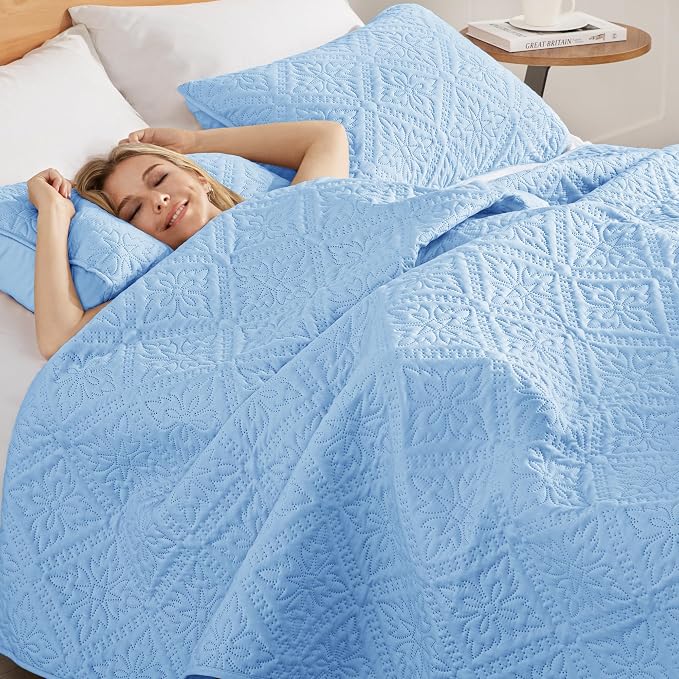 Exclusivo Mezcla King Quilt Set, Light Blue | Lightweight Soft Bedspreads Coverlets, All Season Bedding with 2 Pillow Shams, Modern Style for Bedroom Guest Room