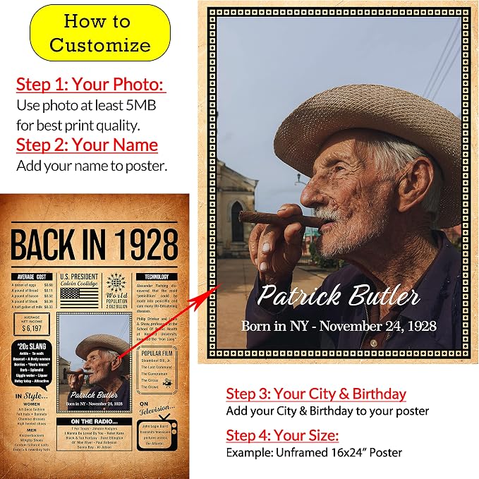 Back in 1928 Poster Sign, Personalized Birthday Gifts Idea, Custom 1928 Historical Birthday Newspaper, Born in 1928 Birthday Party Decorations, Fun Fact for the Day You Were Born, Decor Art Print