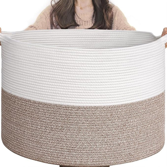 Goodpick Extra Large Woven Blanket Basket Living Room & Playroom, 115L | 23.5 x 23.5 x 15.8 In Storage Basket for Toys Shoes, Cute Baby Laundry Hamper for Towels, Clothes, Mele