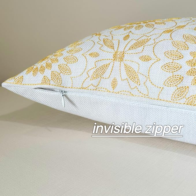 Slow Cow Linen Embroidery Lumbar Throw Pillow Cover Cushion Cover Floral Pattern Rectangular Pillowcase for Couch Bedroom 12 x 20 Inches Yellow Gold