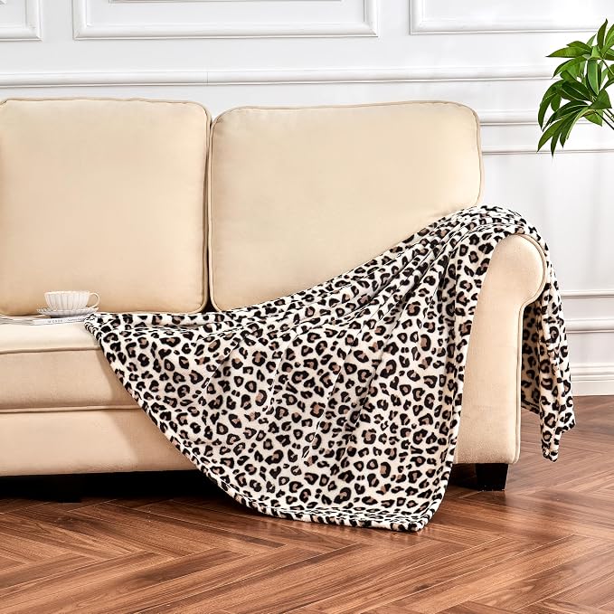 Edenleaf Leopard Print Blanket Fleece Throw for Bed Sofa Travel and Camping, Super Soft Cozy Fluffy Plush Cheetah Print Blanket for All Seasons 50"x60" (Cream)