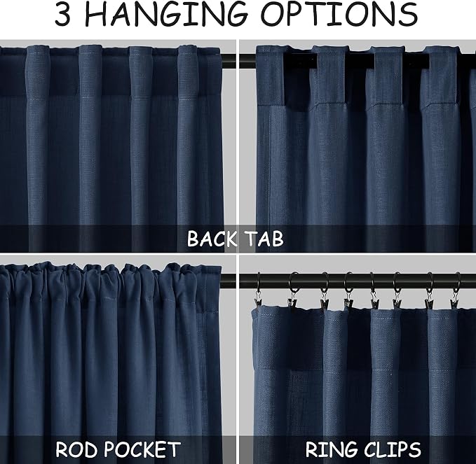 Denim Blue Linen Curtains 96 Inches Long 2 Panels Set for Living Room Rod Pocket Back Tab Semi Sheer Light Filtering Protect Privacy Denim Blue Curtain for Bedroom Floor Length 52x96