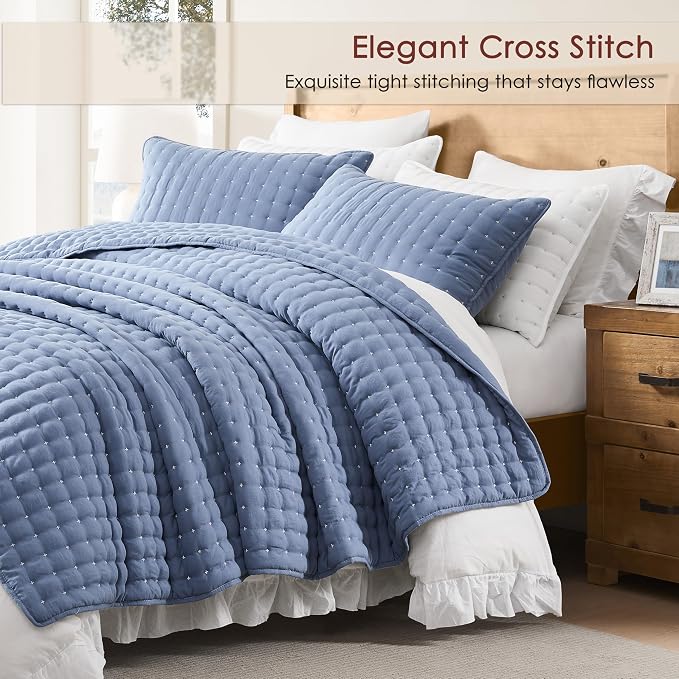WDCOZY Blue King Size Quilt Bedding Sets with Pillow Shams, Lightweight Soft Bedspread Coverlet, Quilted Blanket Thin Comforter Bed Cover, All Season Summer Spring, 3 Pieces, 104x90 inches