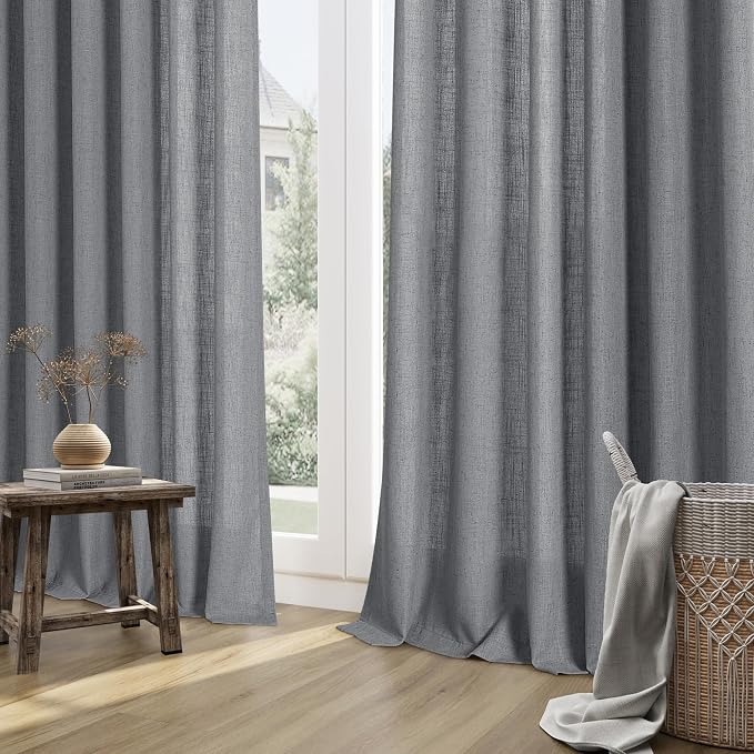 Dark Grey Linen Curtains 84 Inches Long 2 Panel Set Rod Pocket Semi Sheer Dining Room Cozy Bedroom Decor Cotton Look Country Rustic Farmhouse Boho Curtains 52x84