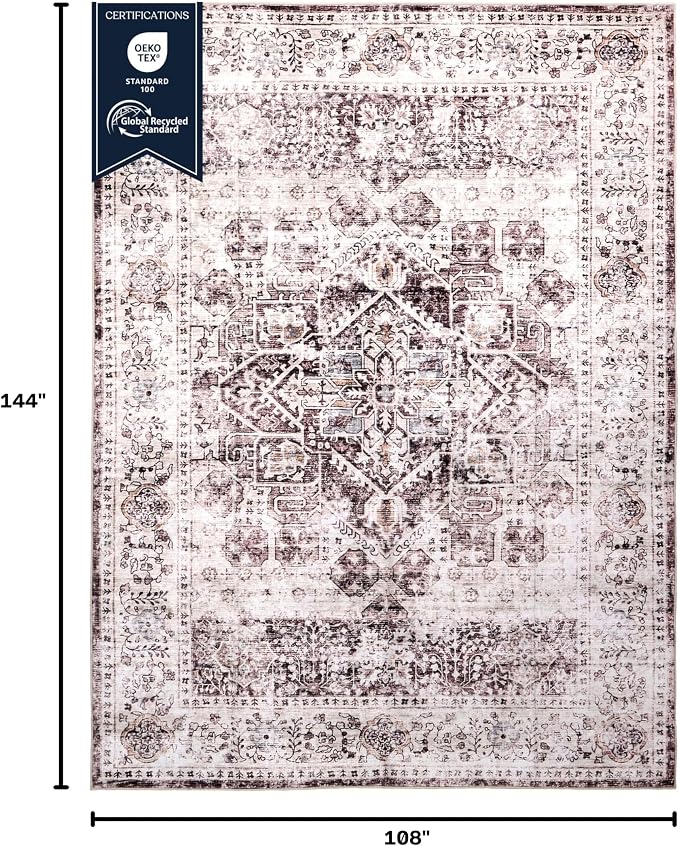 Machine Washable Area Rug, Soft & Durable, Non-Slip, Stain Resistant Rug for Bedroom, Living Room, Dining Room, High Traffic Areas. (Brown/Neutral, 9' X 12')
