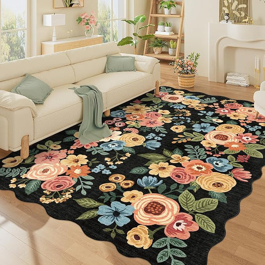 DUKINO 6x9 Area Rugs, Floral Washable Rug for Living Room Non Slip, Black | Low Pile, Stain Resistant, Soft Indoor Large Rugs for Bedroom, Dining Room, Kids Playroom, Nursery, Pet Friendly, Home Decor