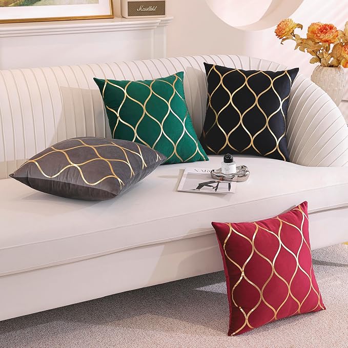 Gyulin Pack of 4 Gold Velvet Throw Pillow Covers 18x18 Inches Solid Square Pillow Covers Geometric Cushion Covers for Couch Sofa Home Bedroom Decor, Grey/Gray