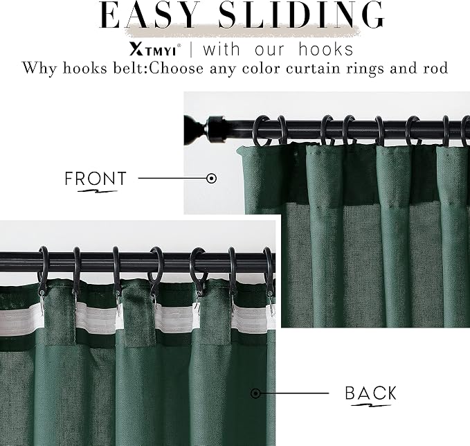 XTMYI Emerald Dark Green Curtains for Living Room 84 Inches Long 2 Panels Set Linen Rod Pocket Back Tab Hooks Pleated Hunter Green Vintage Retro Curtains for Bedroom Decor Dining Room