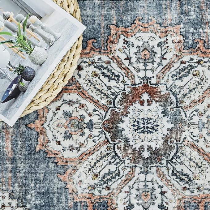 Washable Kitchen Runner Rug 2x10: Non-Slip Hallway Rugs Indoor Soft Low Pile Stain Resistant Carpet for Bedroom Laundry Entryway Ultra-Thin Vintage Home Decor Floor Mat for Bathroom (Blue, 2 x 10)