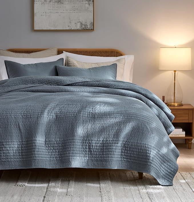 palassio Striped Blue Grey 100% Cotton Quilt Twin Size Bedding Sets, Lightweight Crinkly Channel Pick Stitch Textured Bedspread Soft Shabby Chic Farmhouse Country Coverlet for All Season, 1 Sham