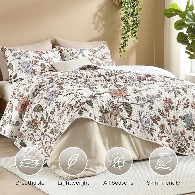 Litanika Floral White Quilt California King - 3Pcs Botanical Birds Bed Set | Bedspread Summer Lightweight Soft Coverlet with Pink Flower for All Seasons (112"x104")
