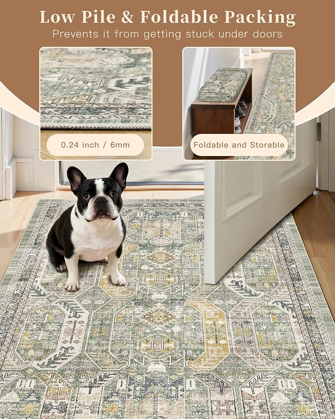 Madane Washable Runner Rug 2x6 Runners for Hallways Non Slip, Green/Gold | Vintage Stain-Resistant 6 Feet Kitchen Rug, Soft Low-Pile Ultra-Thin Floor Carpet Mat for Bathroom Laundry Room Bedroom 2x6ft