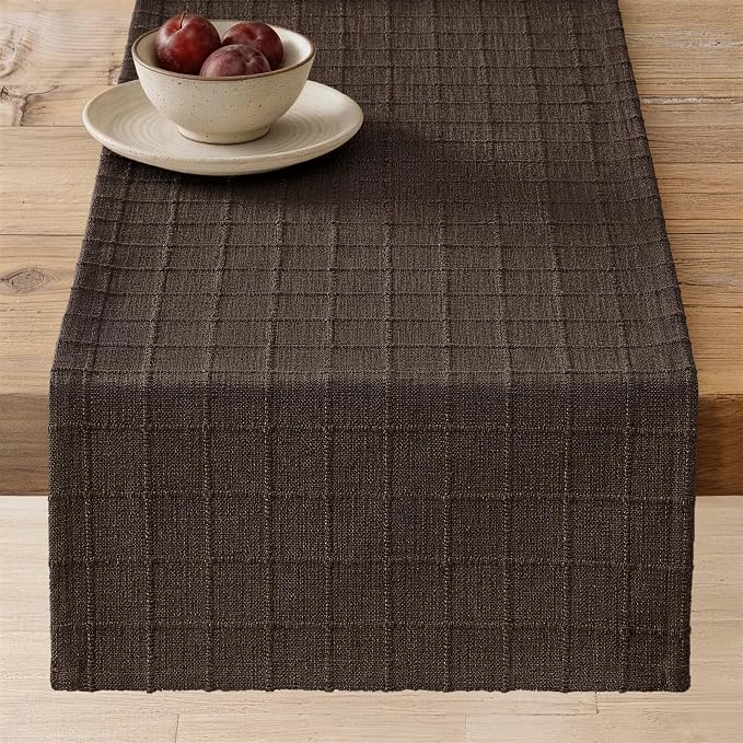 ZeeMart Artisanal Grid Linen Table Runner, 13x108 Inches Chocolate | Heavy Textured, Durable Thick Fabric, Farmhouse Handwoven Feel Linen Runner, Easy Care Table Decor for Kitchen Dining Room