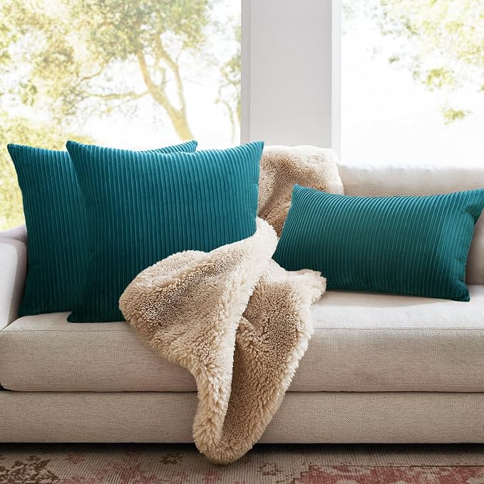 YCOLL Teal Pillow Covers 20x20 Set of 2 Velvet Striped Pattern - Soft Throw Pillows for Home Decor, Luxury Decorative Pillow Covers for Couch, Bed,Living Room