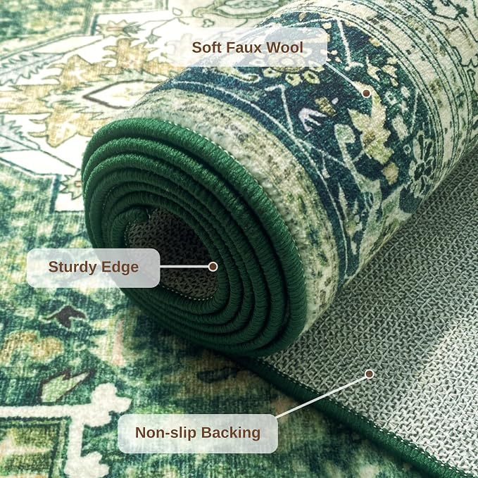 Green 5x7 Washable Rug for Living Room, Non Slip Carpet for Bedroom | Soft faux wool, machine washable & stain resistant. Non-slip rubber backing, low pile. For living room, bedroom, office.