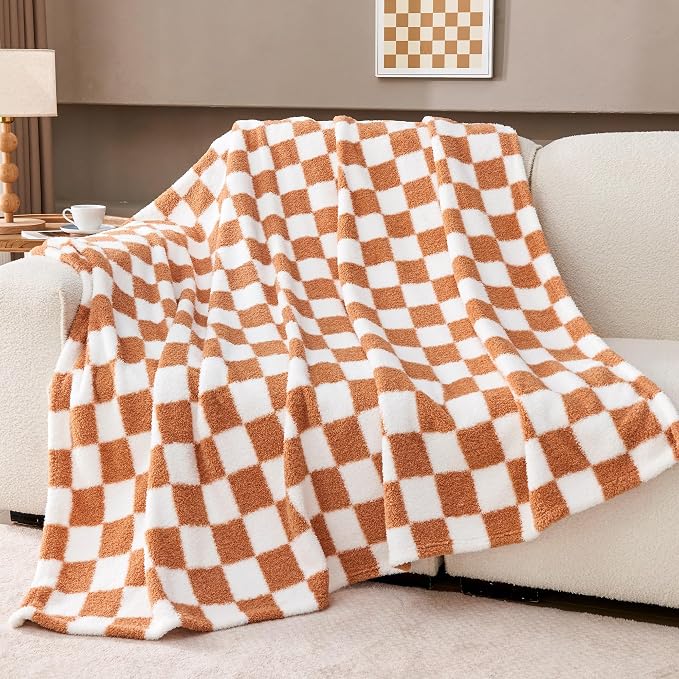 Caramel Orange Checkered Twin Size Blanket, Soft Plush Microfiber Fleece Blanket for Couch Sofa Bed, Cozy Decorative Home Blanket, All Season, 60x80 Inches