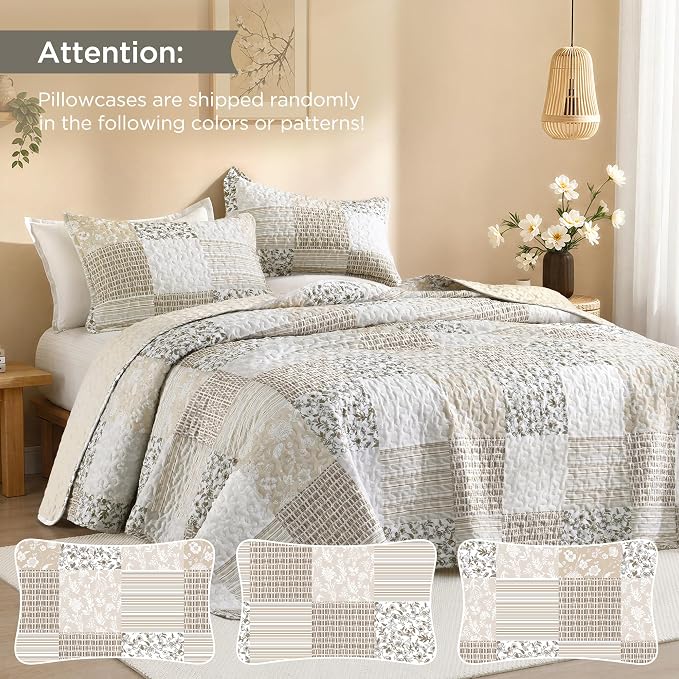 Litanika Floral Beige Quilt Queen - 3Pcs Botanical Birds Bedding Set | Patchwork Bedspread Summer Lightweight Soft Coverlet for All Seasons (96"x90")