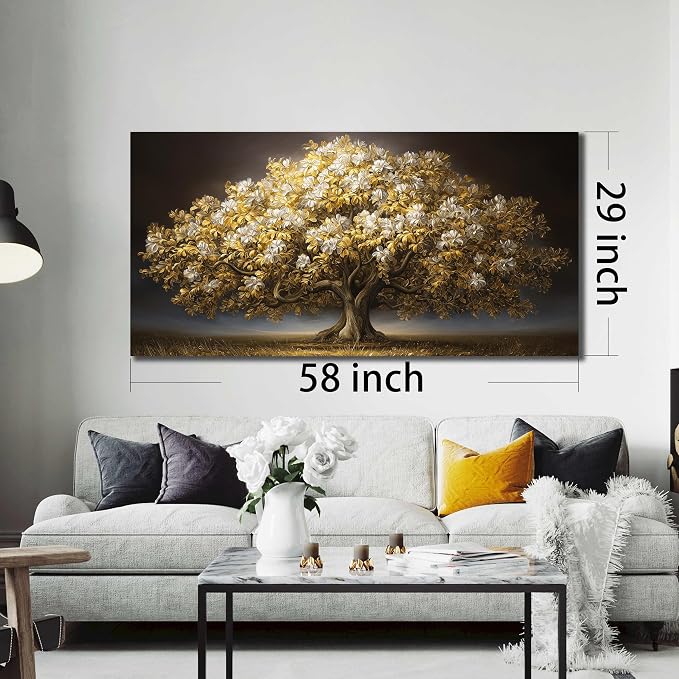 DNIEOTU Large Tree Wall Art for Living Room, White Flower and Gold Leaves Canvas Wall-Decor for Bedroom, Landscape Picture Prints for Hallway Office, Size 59 x 29 Inches